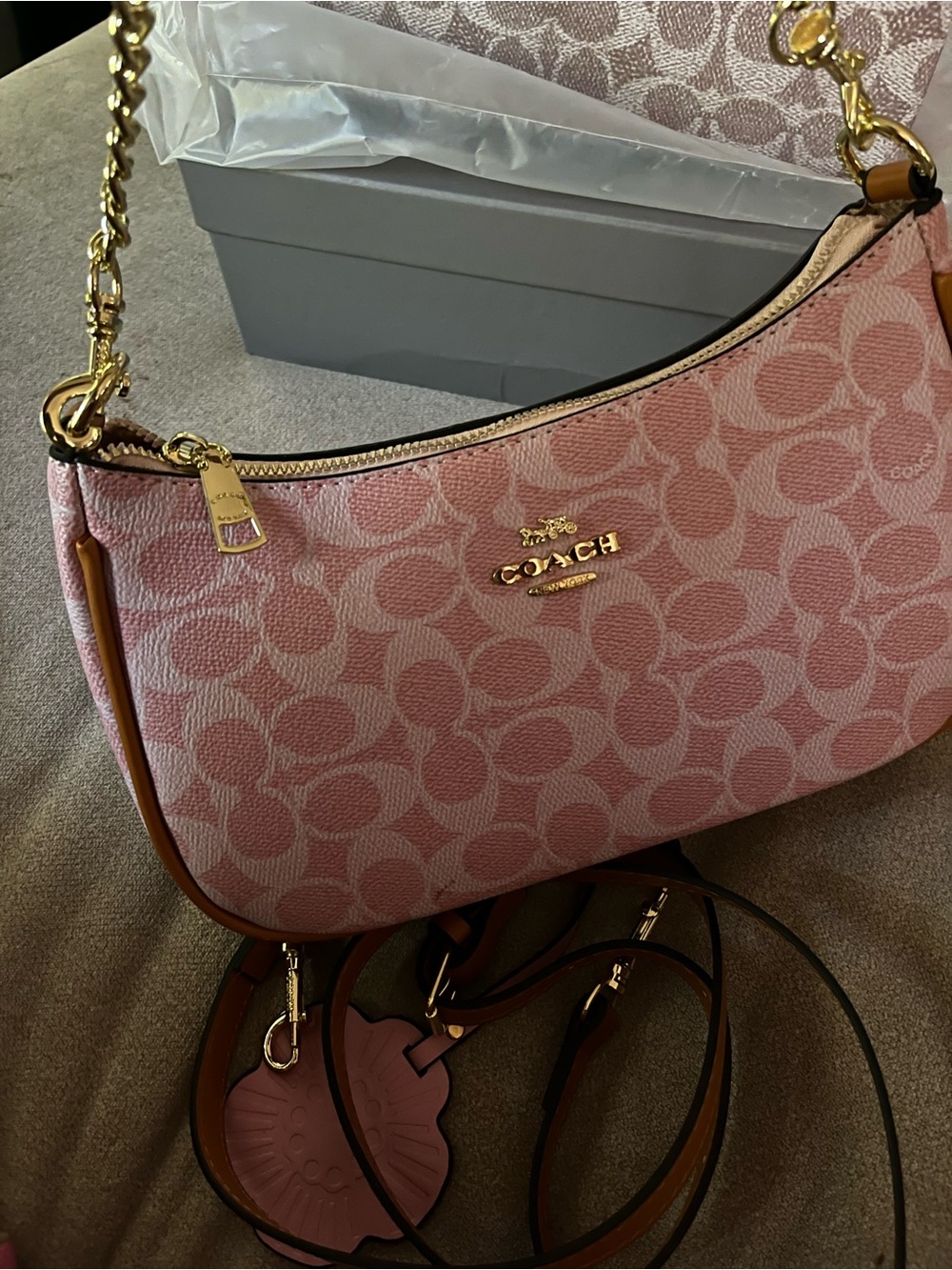 Coach Pink Signature Canvas Shoulder Bag with Gold Hardware
